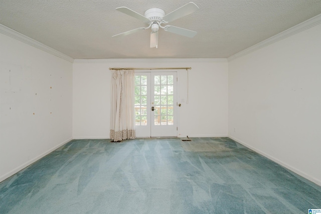 3321 Shetland Trce, Birmingham, AL 35242 - carpeted empty room featuring crown molding, a ceiling fan, french doors, a textured ceiling, and baseboards