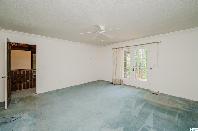 3321 Shetland Trce, Birmingham, AL 35242 - carpeted empty room featuring ornamental molding, ceiling fan, french doors, a textured ceiling, and baseboards