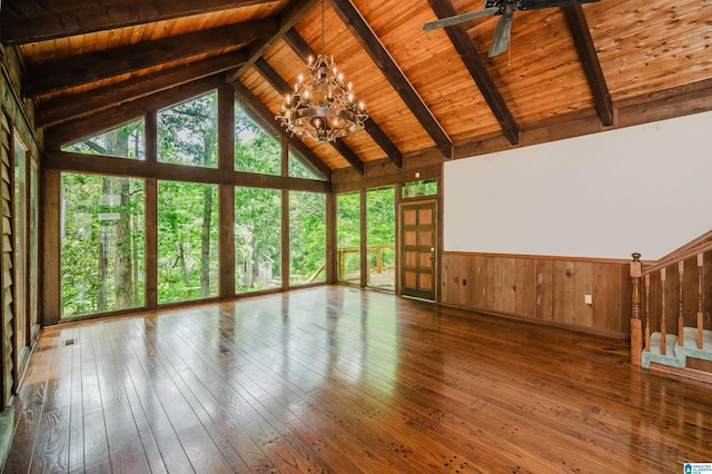 3321 Shetland Trce, Birmingham, AL 35242 - unfurnished living room with a chandelier, plenty of natural light, wood-type flooring, high vaulted ceiling, and wood ceiling with exposed beams
