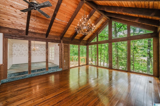 3321 Shetland Trce, Birmingham, AL 35242 - unfurnished living room with a chandelier, wooden ceiling, wood-type flooring, and a ceiling fan