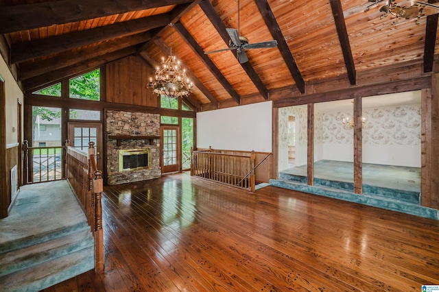 3321 Shetland Trce, Birmingham, AL 35242 - unfurnished living room with a chandelier, wood ceiling with exposed beams, hardwood / wood-style flooring, high vaulted ceiling, and ceiling fan