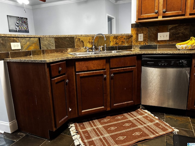 312 Riverhaven Pl Unit 312, Hoover, AL 35244 - kitchen with dishwasher, crown molding, a sink, a ceiling fan, and decorative backsplash