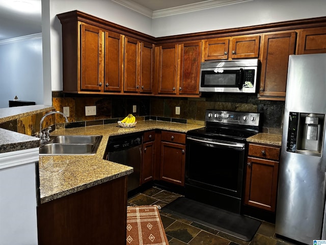 312 Riverhaven Pl Unit 312, Hoover, AL 35244 - kitchen featuring appliances with stainless steel finishes, a sink, ornamental molding, tasteful backsplash, and a peninsula