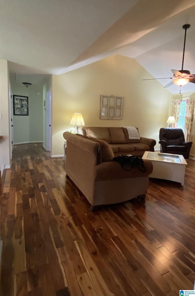13634 Lisa Dr, Lake View, AL 35111 - living room with dark wood finished floors, lofted ceiling, a ceiling fan, baseboards, and a textured ceiling