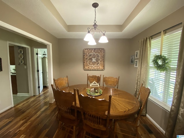 13634 Lisa Dr, Lake View, AL 35111 - dining space with a chandelier, a tray ceiling, dark wood-style flooring, and baseboards