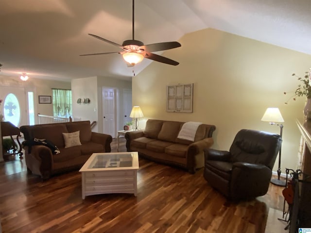 13634 Lisa Dr, Lake View, AL 35111 - living area featuring dark wood finished floors, ceiling fan, and vaulted ceiling