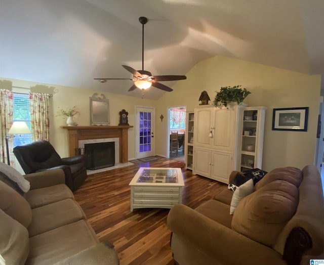 13634 Lisa Dr, Lake View, AL 35111 - living room with lofted ceiling, dark wood-style flooring, ceiling fan, and a premium fireplace
