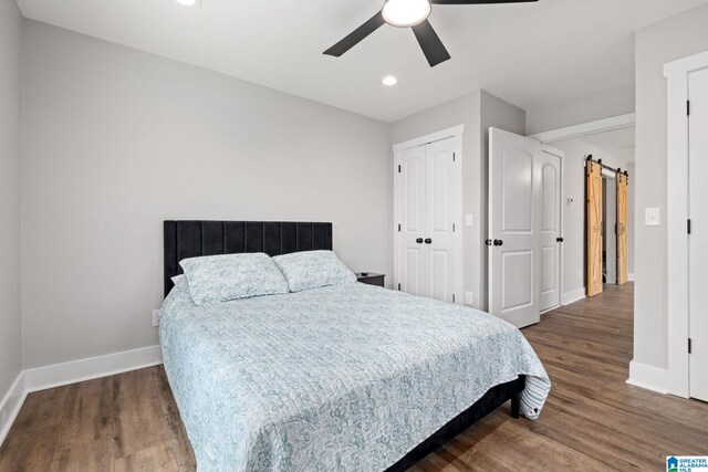 1165 Cedar Creek Dr, Sylacauga, AL 35151 - bedroom featuring baseboards, wood finished floors, recessed lighting, a ceiling fan, and a closet