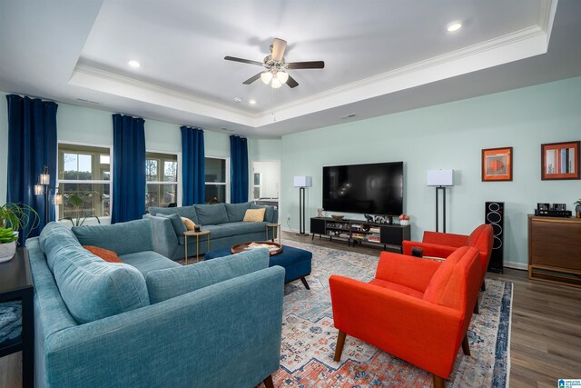 154 Halifax Ln, Chelsea, AL 35043 - living room featuring a tray ceiling, wood finished floors, ornamental molding, a ceiling fan, and recessed lighting