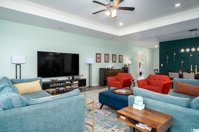 154 Halifax Ln, Chelsea, AL 35043 - living room featuring crown molding, ceiling fan, recessed lighting, and wood finished floors