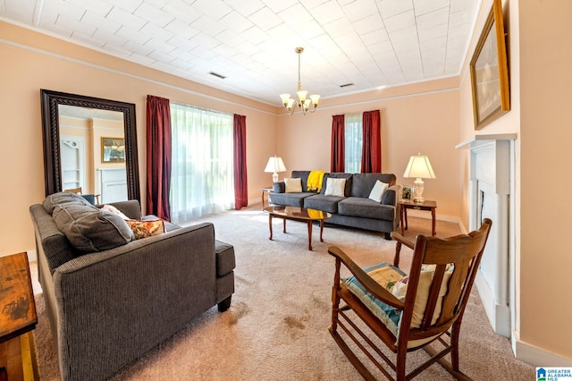580 3rd St SW, Ashland, AL 36251 - living room featuring light carpet, crown molding, and a chandelier