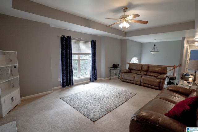 13339 Sylvia Dr, Lake View, AL 35111 - living room featuring light carpet, a ceiling fan, and baseboards