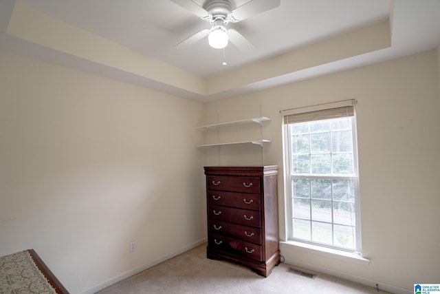 13339 Sylvia Dr, Lake View, AL 35111 - bedroom with light colored carpet, baseboards, a tray ceiling, and ceiling fan