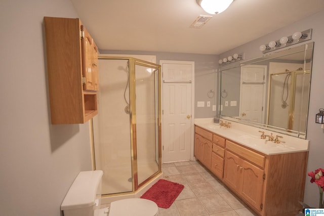 13339 Sylvia Dr, Lake View, AL 35111 - bathroom featuring double vanity, a stall shower, tile patterned floors, and toilet
