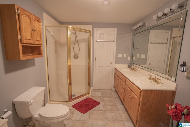 13339 Sylvia Dr, Lake View, AL 35111 - bathroom featuring toilet, a stall shower, double vanity, and tile patterned floors