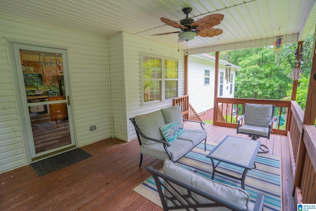 13339 Sylvia Dr, Lake View, AL 35111 - wooden deck with a ceiling fan and an outdoor hangout area