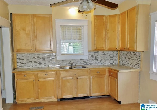8405 3rd Ave S, Birmingham, AL 35206 - kitchen featuring a sink, light countertops, ceiling fan, and backsplash