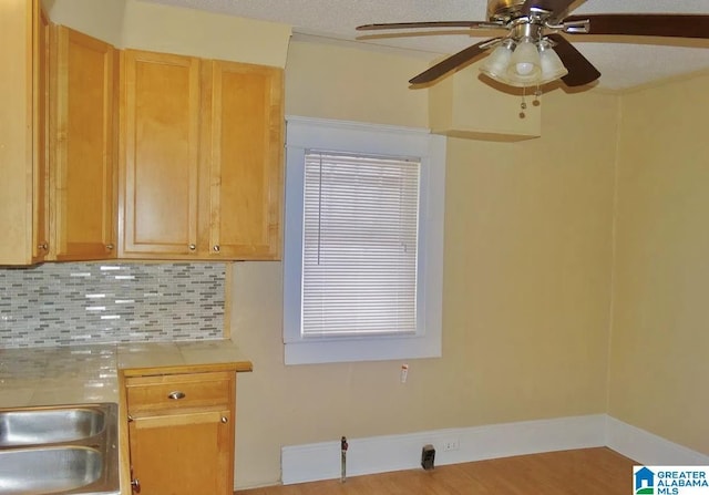 8405 3rd Ave S, Birmingham, AL 35206 - kitchen with a ceiling fan, backsplash, light countertops, wood finished floors, and baseboards