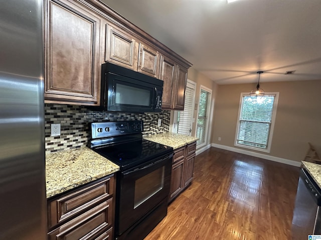 21131 Delmar Dr, Lake View, AL 35111 - kitchen featuring black appliances, decorative backsplash, dark wood-type flooring, and dark brown cabinets