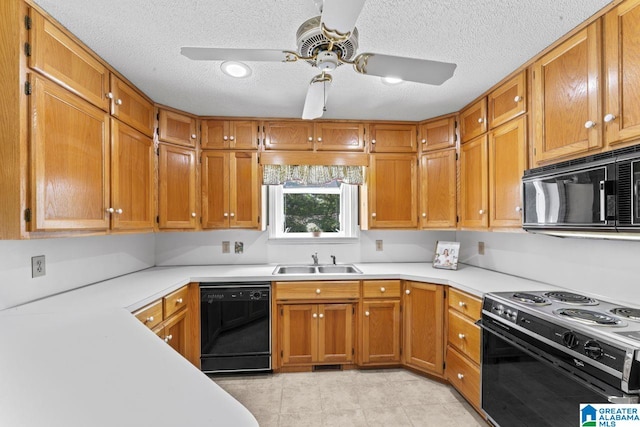 4915 Meadow Brook Way, Birmingham, AL 35242 - kitchen with black appliances, a sink, light countertops, a ceiling fan, and a textured ceiling