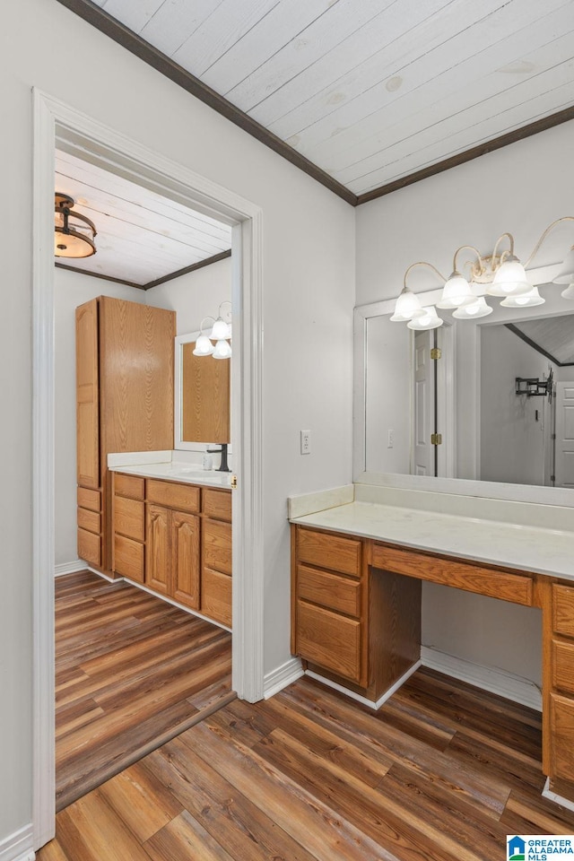 159 Williams Rd, Cullman, AL 35057 - bathroom with crown molding, vanity, wood finished floors, a chandelier, and wood ceiling