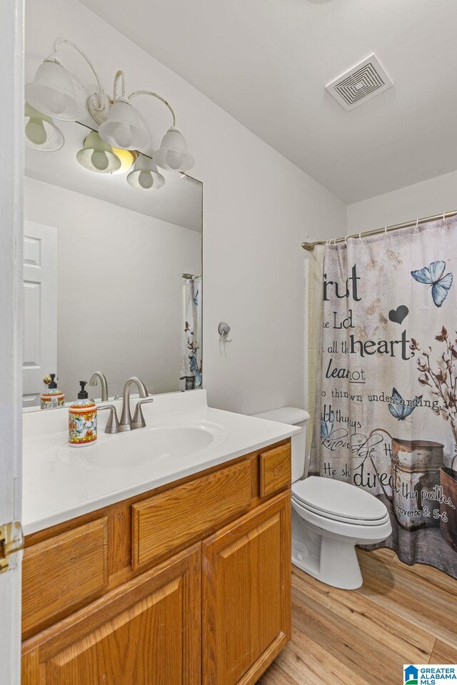 159 Williams Rd, Cullman, AL 35057 - bathroom with vanity, wood finished floors, toilet, and a shower with shower curtain