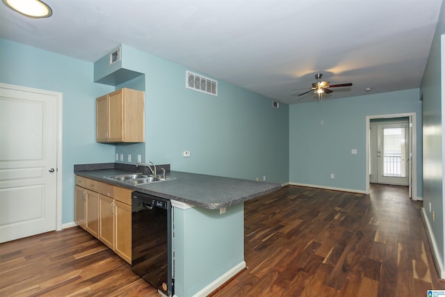 401 20th St S Unit 322, Birmingham, AL 35233 - kitchen featuring black dishwasher, light brown cabinetry, a peninsula, dark countertops, and dark wood-style floors