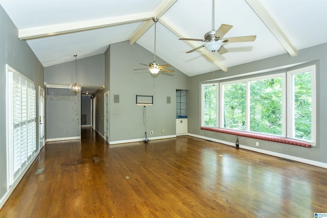 2940 Coatbridge Ln, Birmingham, AL 35242 - unfurnished living room featuring beamed ceiling, baseboards, high vaulted ceiling, wood finished floors, and a chandelier