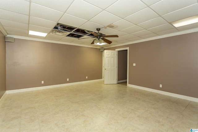 2940 Coatbridge Ln, Birmingham, AL 35242 - empty room featuring ornamental molding, a drop ceiling, baseboards, and ceiling fan