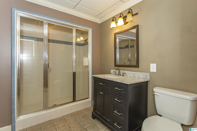 2940 Coatbridge Ln, Birmingham, AL 35242 - bathroom with toilet, tile patterned floors, vanity, a stall shower, and crown molding