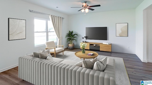 2008 Eaton Pl, Chelsea, AL 35043 - living room with wood finished floors, ceiling fan, and baseboards
