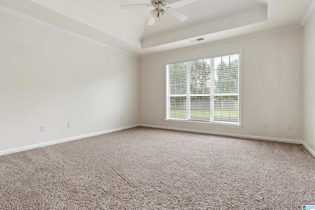 132 Summerchase Pkwy, Calera, AL 35040 - carpeted empty room featuring a raised ceiling, ornamental molding, a ceiling fan, and baseboards