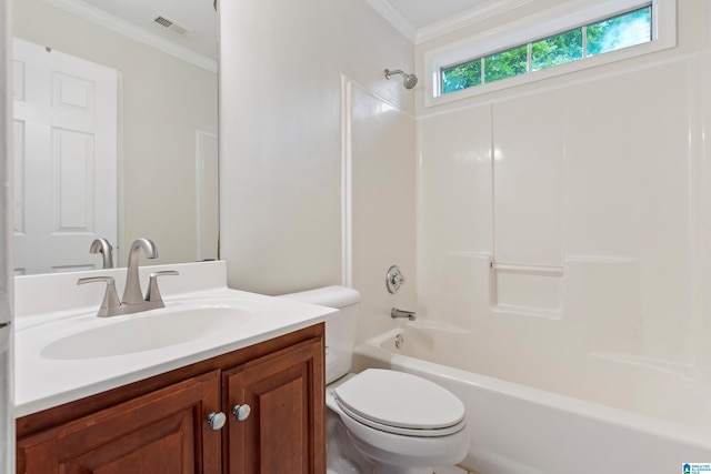 132 Summerchase Pkwy, Calera, AL 35040 - bathroom featuring vanity, toilet, shower / washtub combination, and crown molding