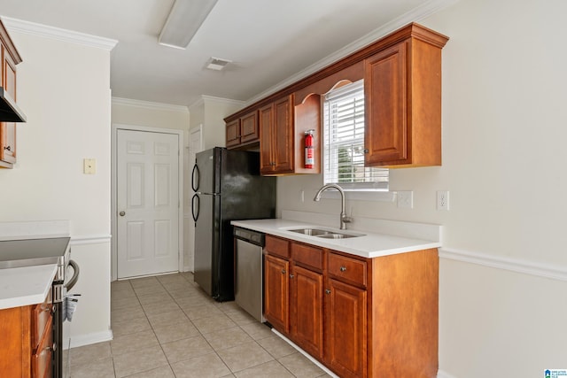 132 Summerchase Pkwy, Calera, AL 35040 - kitchen with a sink, stainless steel appliances, light tile patterned floors, crown molding, and light countertops