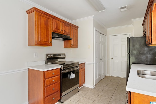 132 Summerchase Pkwy, Calera, AL 35040 - kitchen featuring stainless steel range with electric cooktop, under cabinet range hood, light countertops, light tile patterned flooring, and crown molding