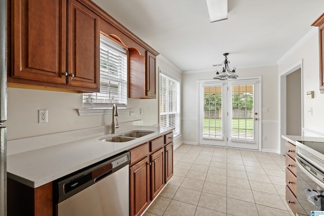 132 Summerchase Pkwy, Calera, AL 35040 - kitchen with dishwashing machine, a sink, a chandelier, ornamental molding, and healthy amount of natural light