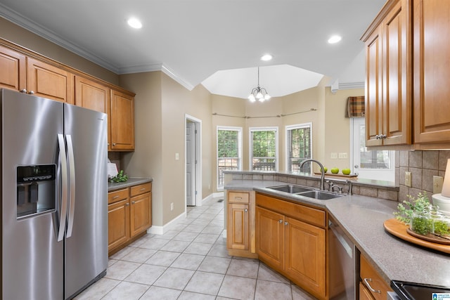 22582 Iron Masters Loop, Mccalla, AL 35111 - kitchen featuring appliances with stainless steel finishes, a sink, light tile patterned floors, a peninsula, and a chandelier