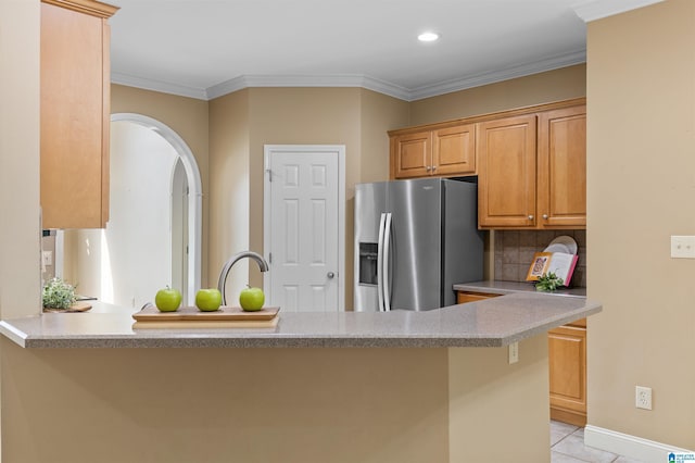 22582 Iron Masters Loop, Mccalla, AL 35111 - kitchen with stainless steel fridge with ice dispenser, backsplash, a peninsula, light tile patterned flooring, and a sink