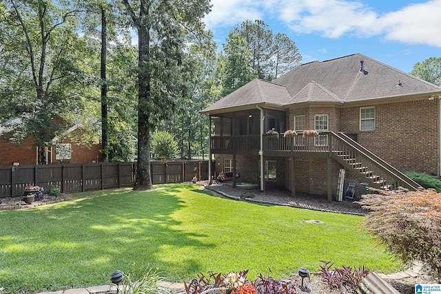 22582 Iron Masters Loop, Mccalla, AL 35111 - back of house featuring a sunroom, stairway, brick siding, a deck, and a shingled roof