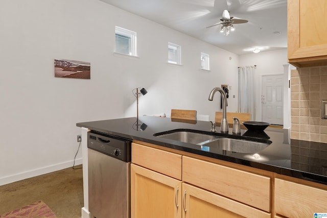 401 20th St S Unit 119, Birmingham, AL 35233 - kitchen featuring dishwasher, a sink, dark countertops, and light brown cabinetry