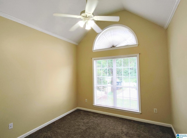 191 Sugar Hill Ln, Alabaster, AL 35007 - unfurnished room featuring vaulted ceiling, ceiling fan, dark colored carpet, crown molding, and baseboards