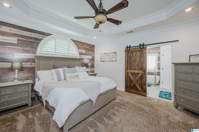 325 Driving Range Rd, Cropwell, AL 35054 - bedroom featuring a raised ceiling, a barn door, crown molding, recessed lighting, and carpet flooring