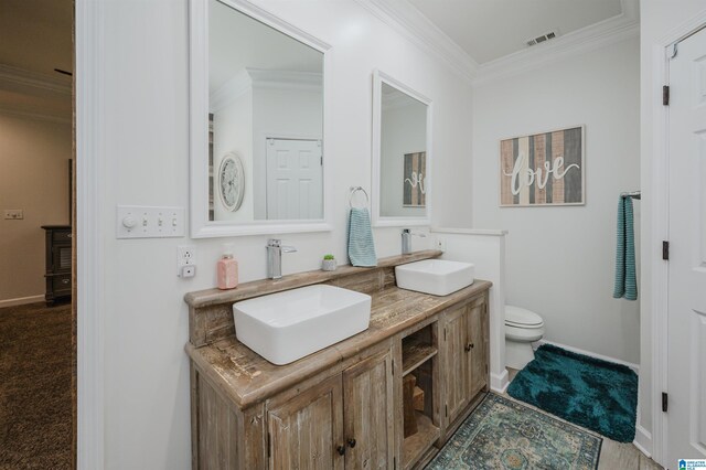 325 Driving Range Rd, Cropwell, AL 35054 - full bathroom featuring double vanity, ornamental molding, toilet, and baseboards