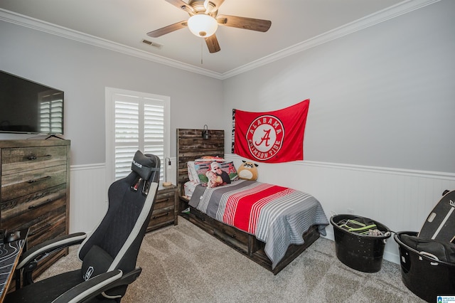 325 Driving Range Rd, Cropwell, AL 35054 - carpeted bedroom featuring wainscoting, ornamental molding, a ceiling fan, and a desk