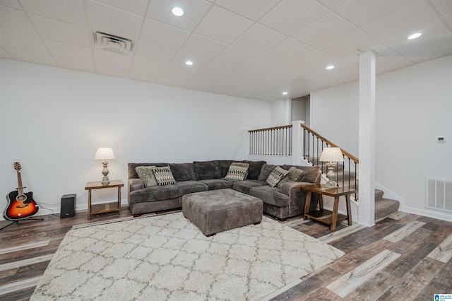 325 Driving Range Rd, Cropwell, AL 35054 - living area with dark wood-style floors, baseboards, recessed lighting, stairs, and a paneled ceiling