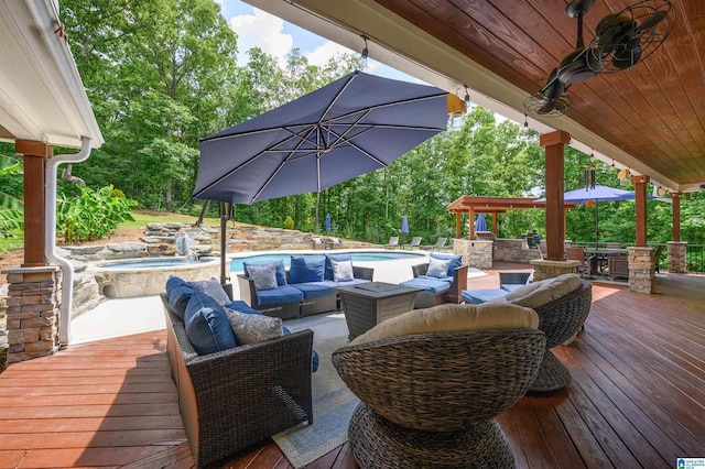 325 Driving Range Rd, Cropwell, AL 35054 - wooden terrace with an outdoor living space, an outdoor pool, an in-ground hot tub, and view of scattered trees
