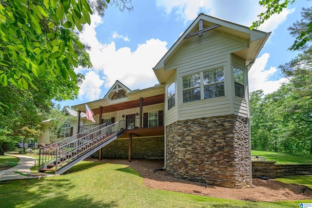 325 Driving Range Rd, Cropwell, AL 35054 - back of house featuring stone siding, stairway, a yard, and covered porch