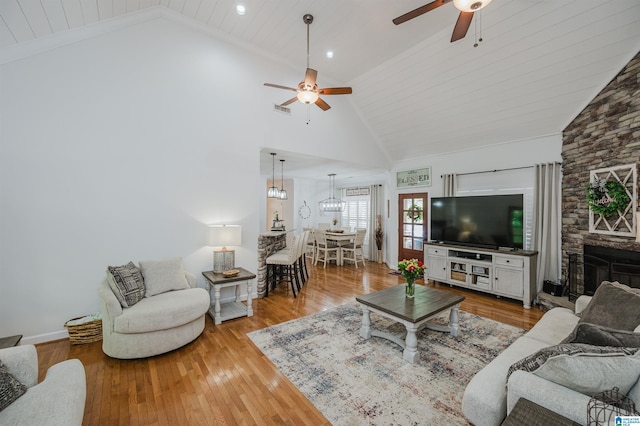 325 Driving Range Rd, Cropwell, AL 35054 - living room with a ceiling fan, recessed lighting, high vaulted ceiling, hardwood / wood-style flooring, and wood ceiling