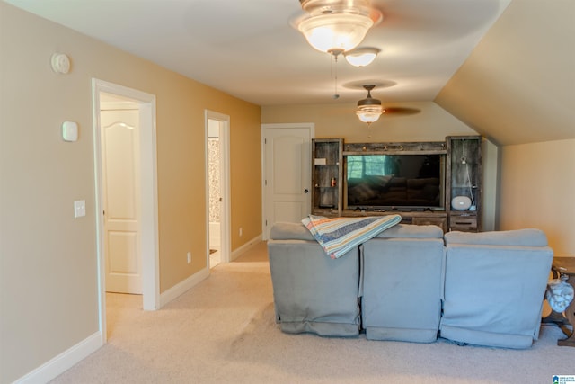 178 Jerry Marsh Rd, Locust Fork, AL 35097 - carpeted living room featuring a ceiling fan, baseboards, and lofted ceiling