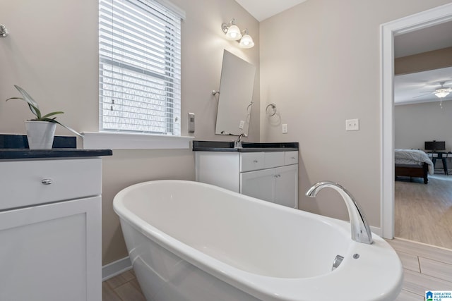 5182 Park Side Cir, Hoover, AL 35244 - ensuite bathroom featuring vanity, a freestanding tub, wood finished floors, and ceiling fan